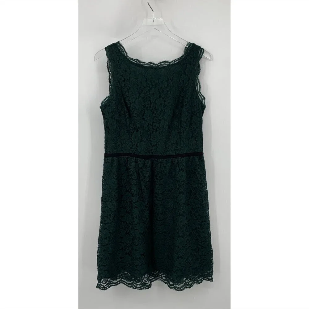 Loft sleeveless lace shift dress hunter green forest fit flare ribbon trim 12
